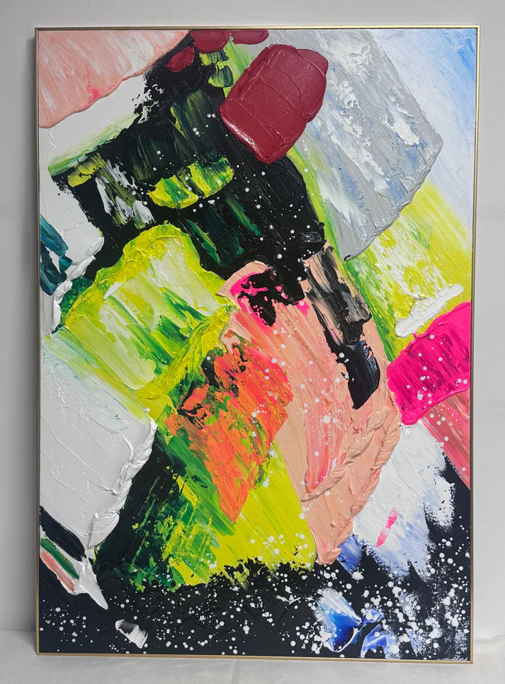 Abstract painting with vibrant colors on a gray background