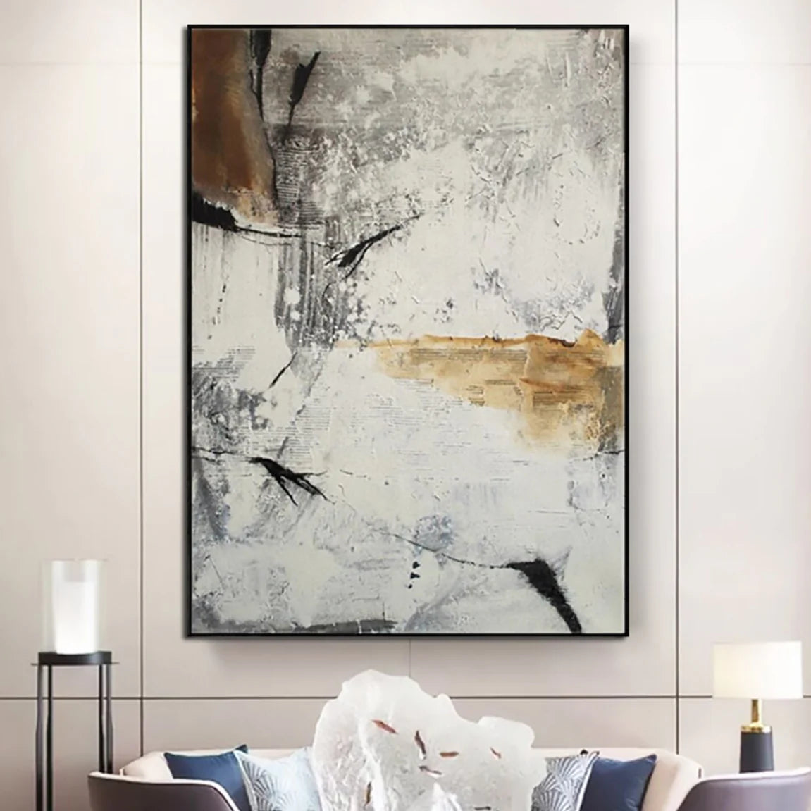 Abstract art painting in a modern living room setting