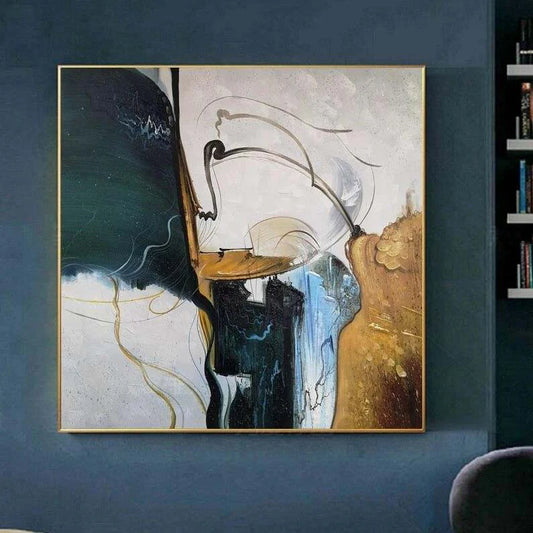 Abstract artwork on a blue wall with a bookshelf in the background