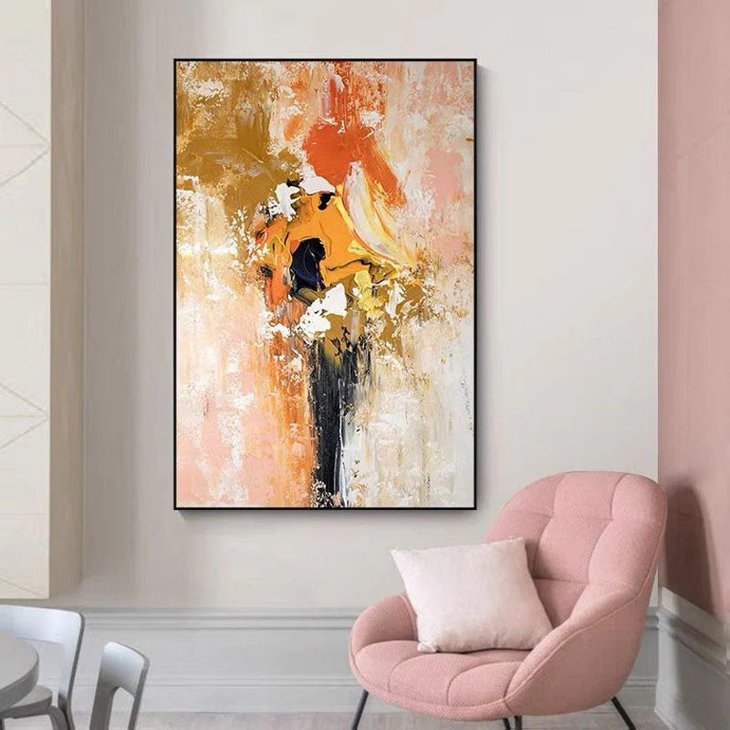 Abstract painting in a modern interior setting with a pink chair.