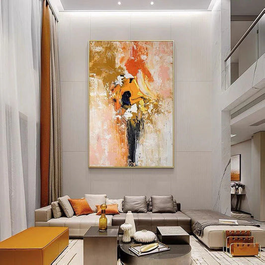 Modern living room with a large abstract painting on the wall