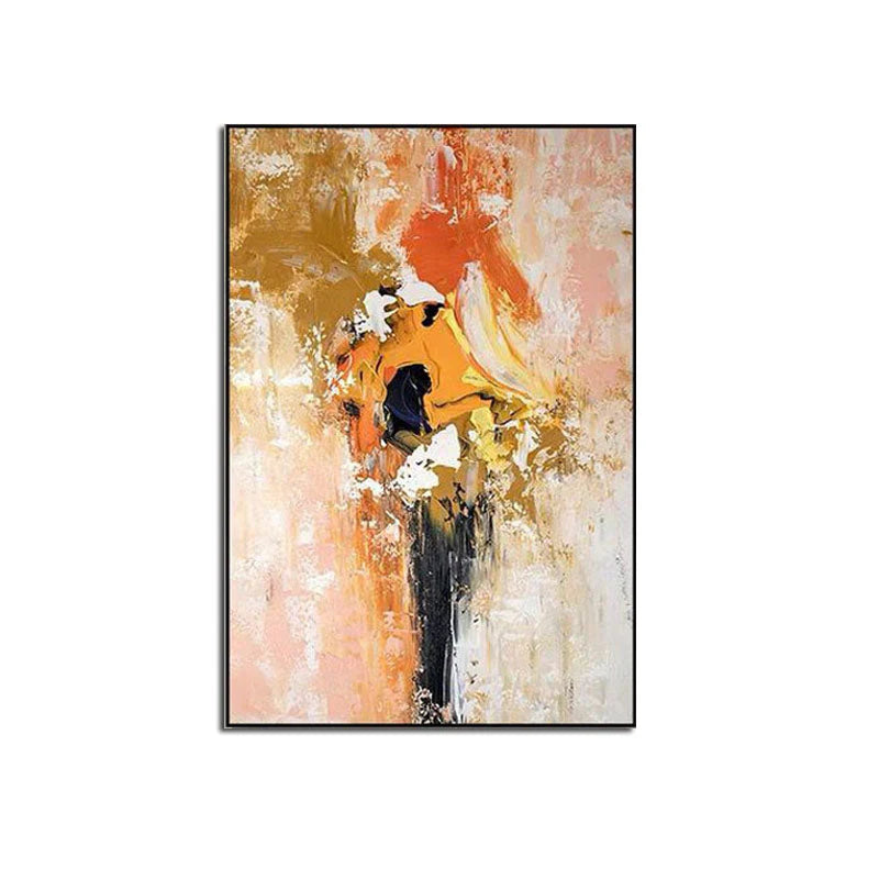Abstract art painting with orange, black, and white colors on a beige background