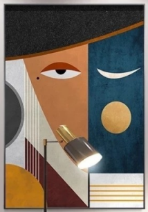 Abstract art piece with geometric shapes and a face-like design.