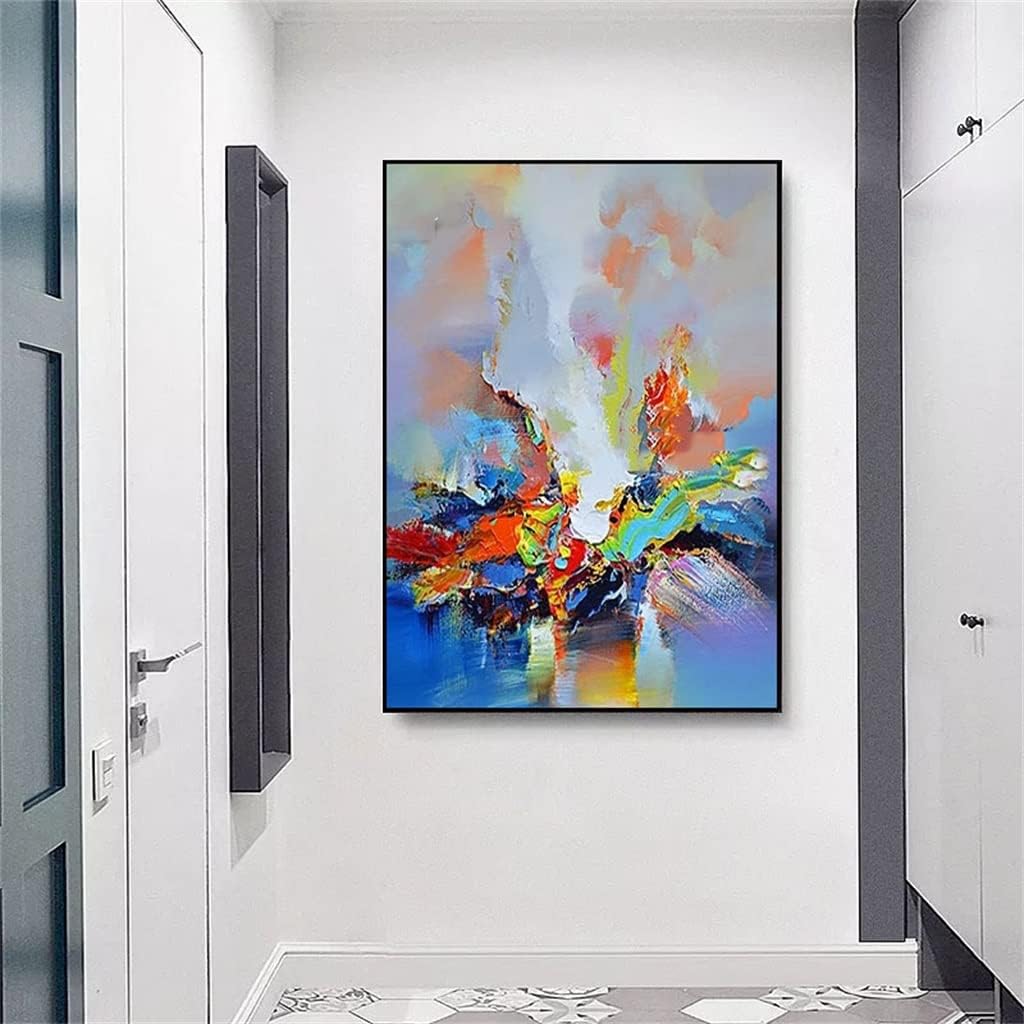 Colorful abstract painting on a white wall in a modern interior setting.