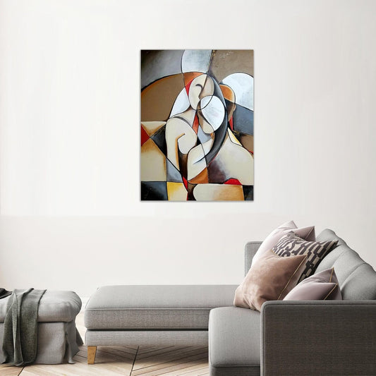 Abstract painting on a wall above a sofa in a living room