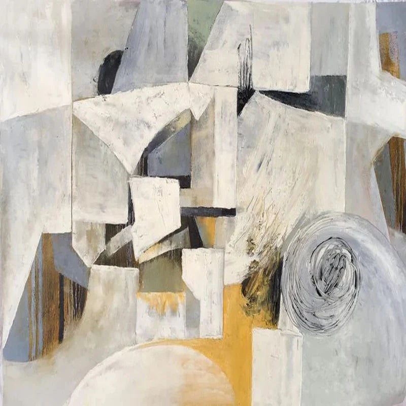 Abstract art piece with geometric shapes in gray, white, and yellow.