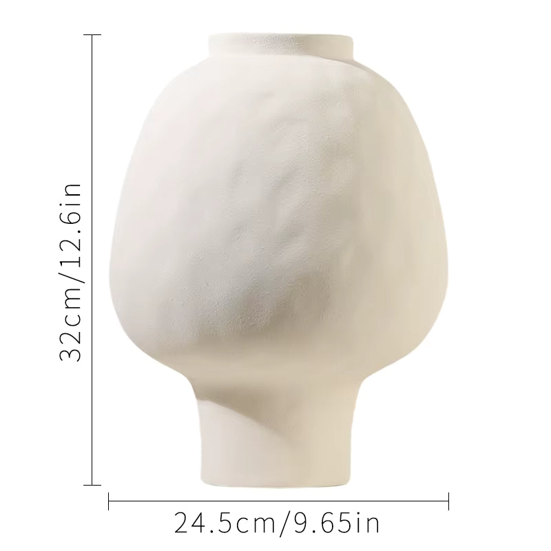 White ceramic vase with dimensions on a white background