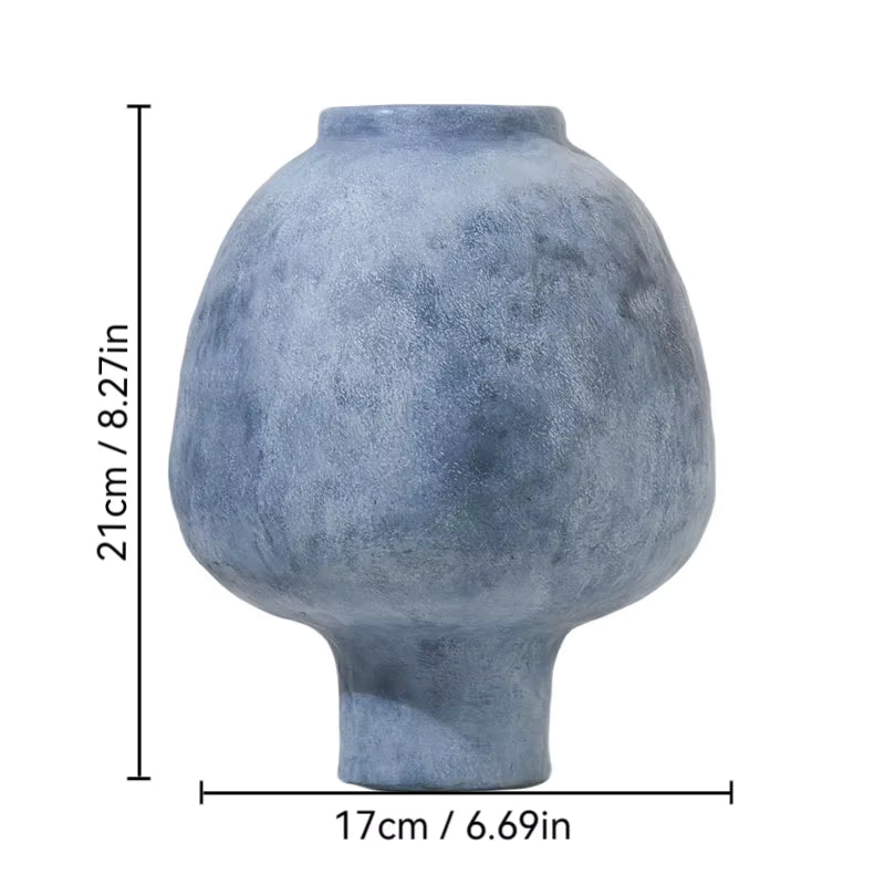Blue textured vase with dimensions on a white background