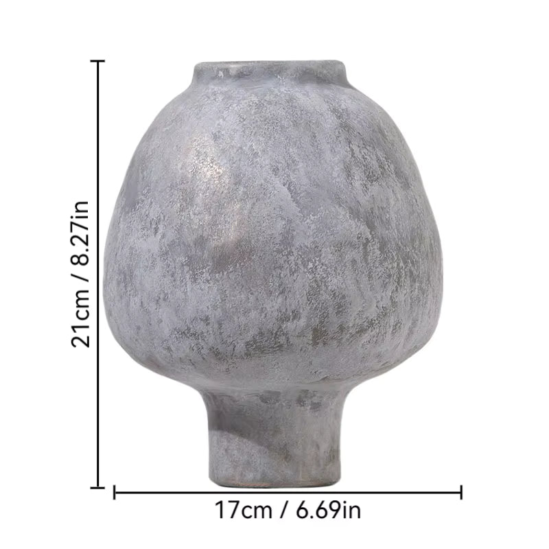 Gray textured vase with dimensions indicated on a white background