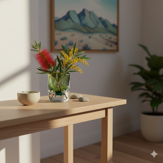 Vase with flowers on a wooden table in a room with a mountain painting on the wall.