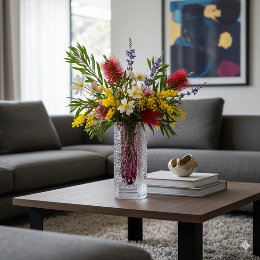 Colorful bouquet of flowers in a clear vase on a coffee table in a living room.