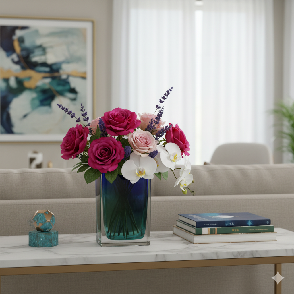 Floral arrangement in a blue vase on a coffee table with books and a decorative object.
