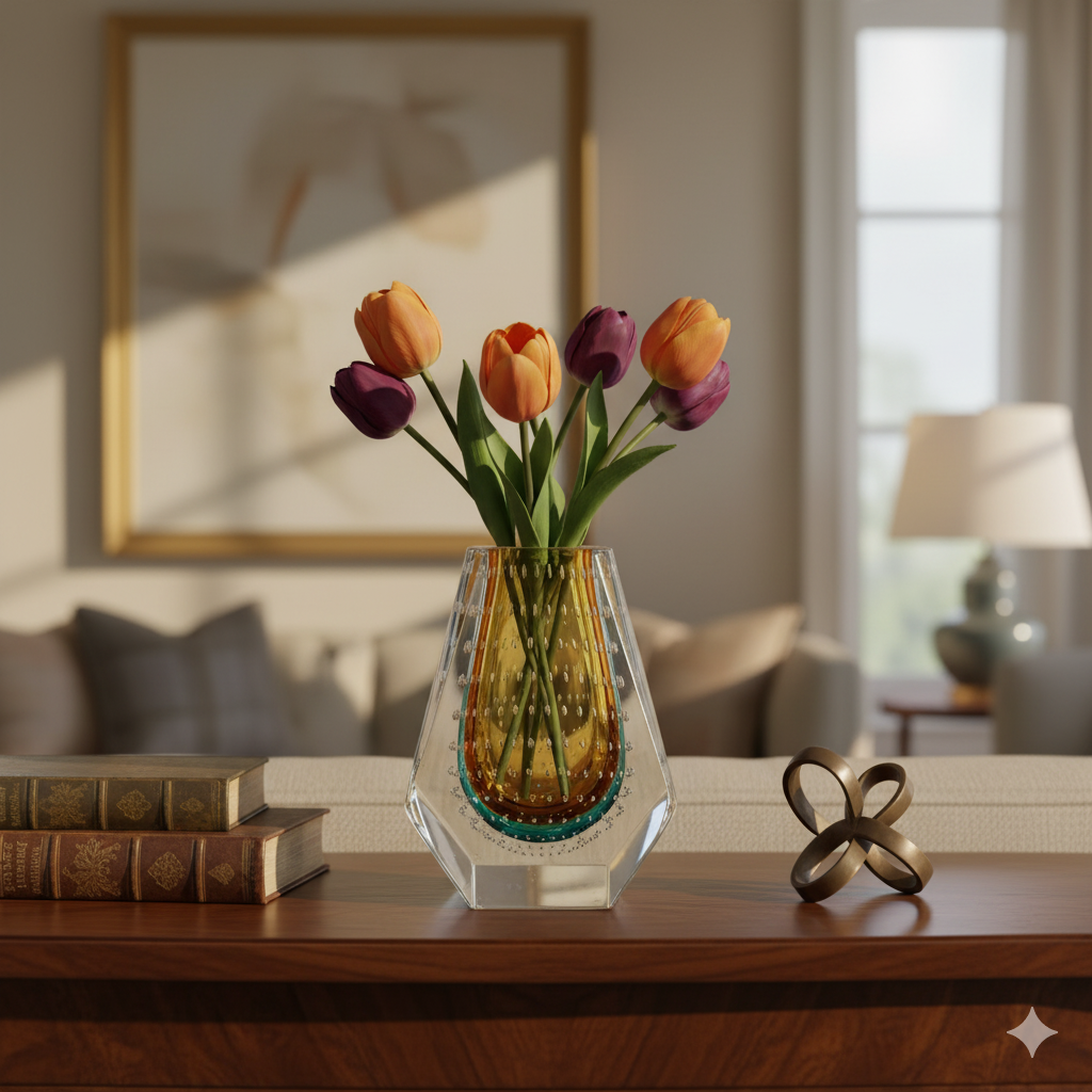 Vase with colorful tulips on a wooden table in a living room setting