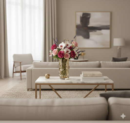 Living room with a vase of flowers on a coffee table, neutral decor, and a painting on the wall.