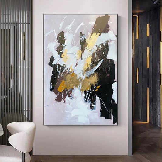 Abstract art painting in a modern interior setting with a chair and door.