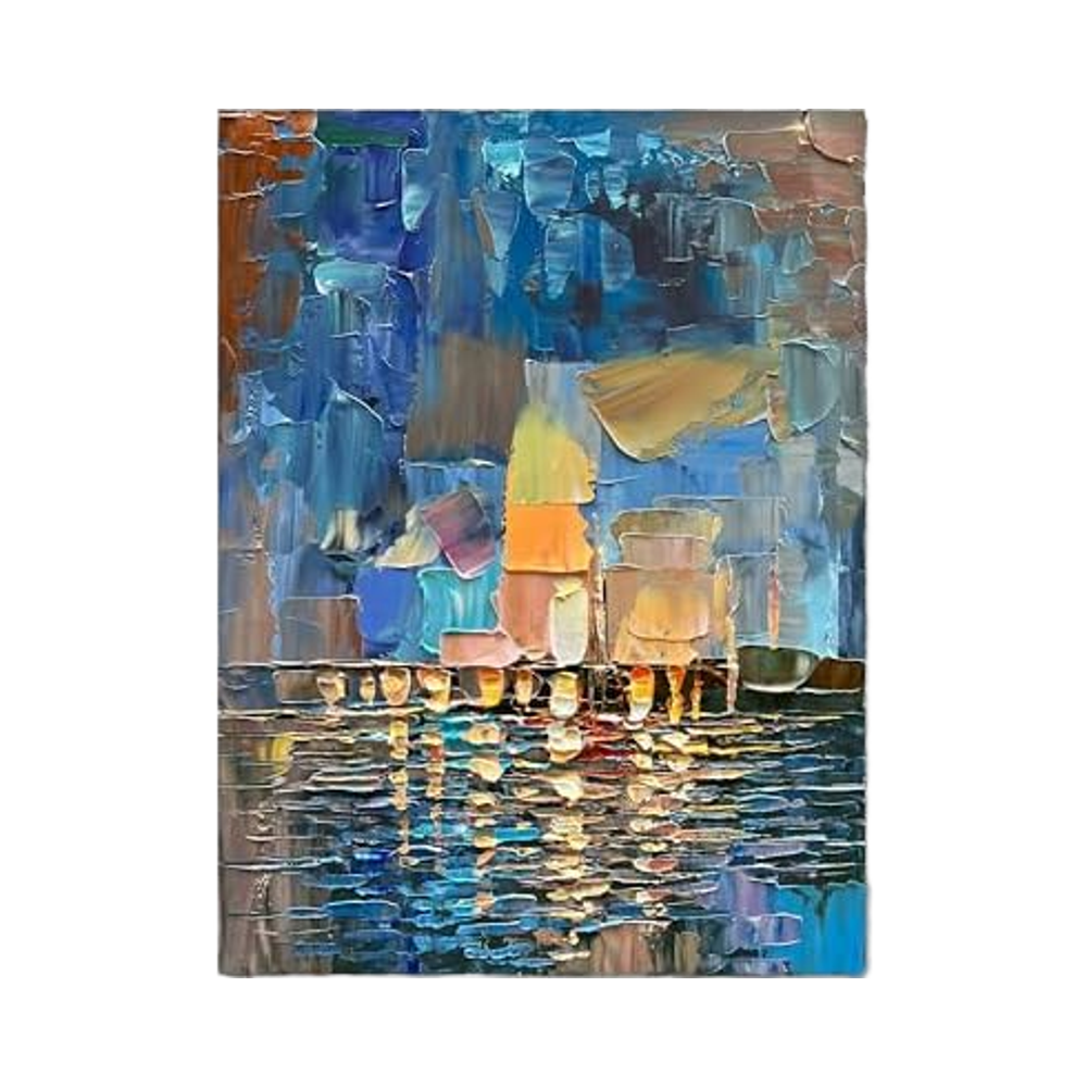 Abstract painting with colorful cityscape reflection on water