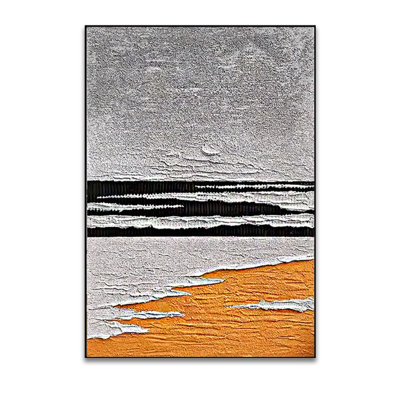 Abstract art piece with textured patterns in gray, black, and orange on a white background