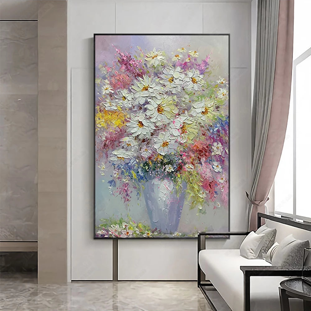 Colorful floral painting on a wall in a modern living room.