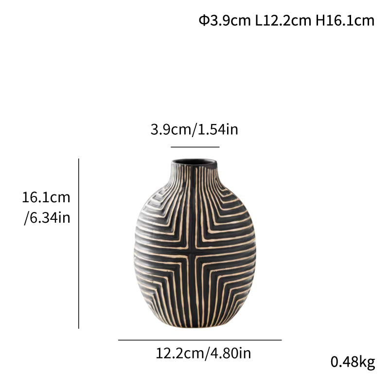 Ceramic vase with black geometric pattern and measurements on a white background