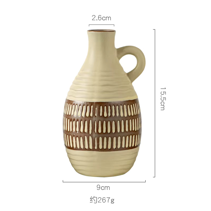 Beige ceramic vase with brown decorative pattern and measurements on a white background