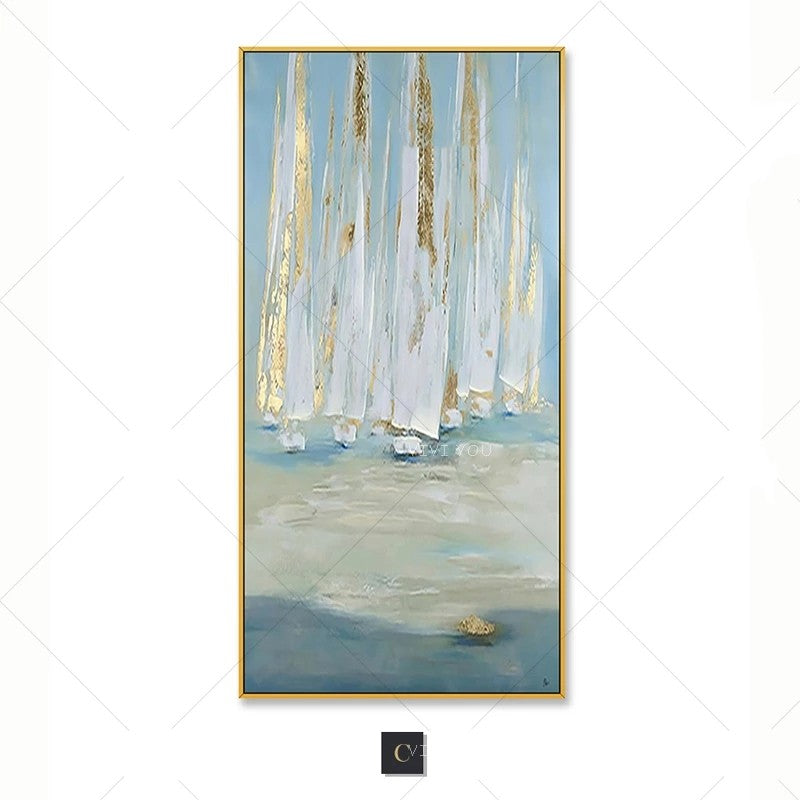 Framed artwork of sailboats on a blue sky and water background