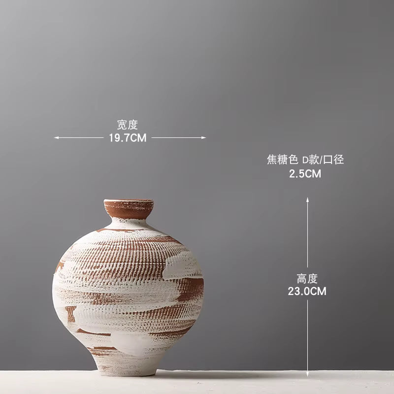 Ceramic vase with measurement labels on a gray background