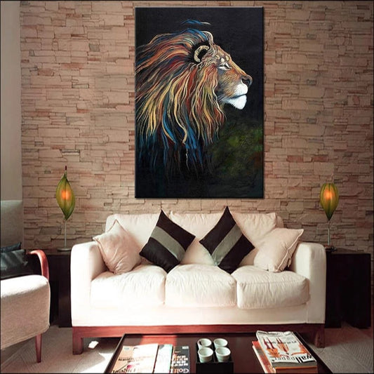 Living room with a white sofa, colorful lion painting on the wall, and decorative pillows.