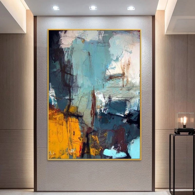 Abstract painting in a modern interior setting with neutral walls and decor.