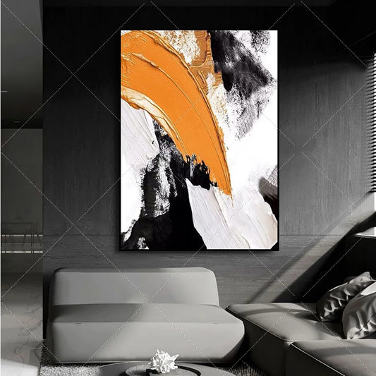 Abstract art painting with orange, black, and white colors in a modern living room setting.