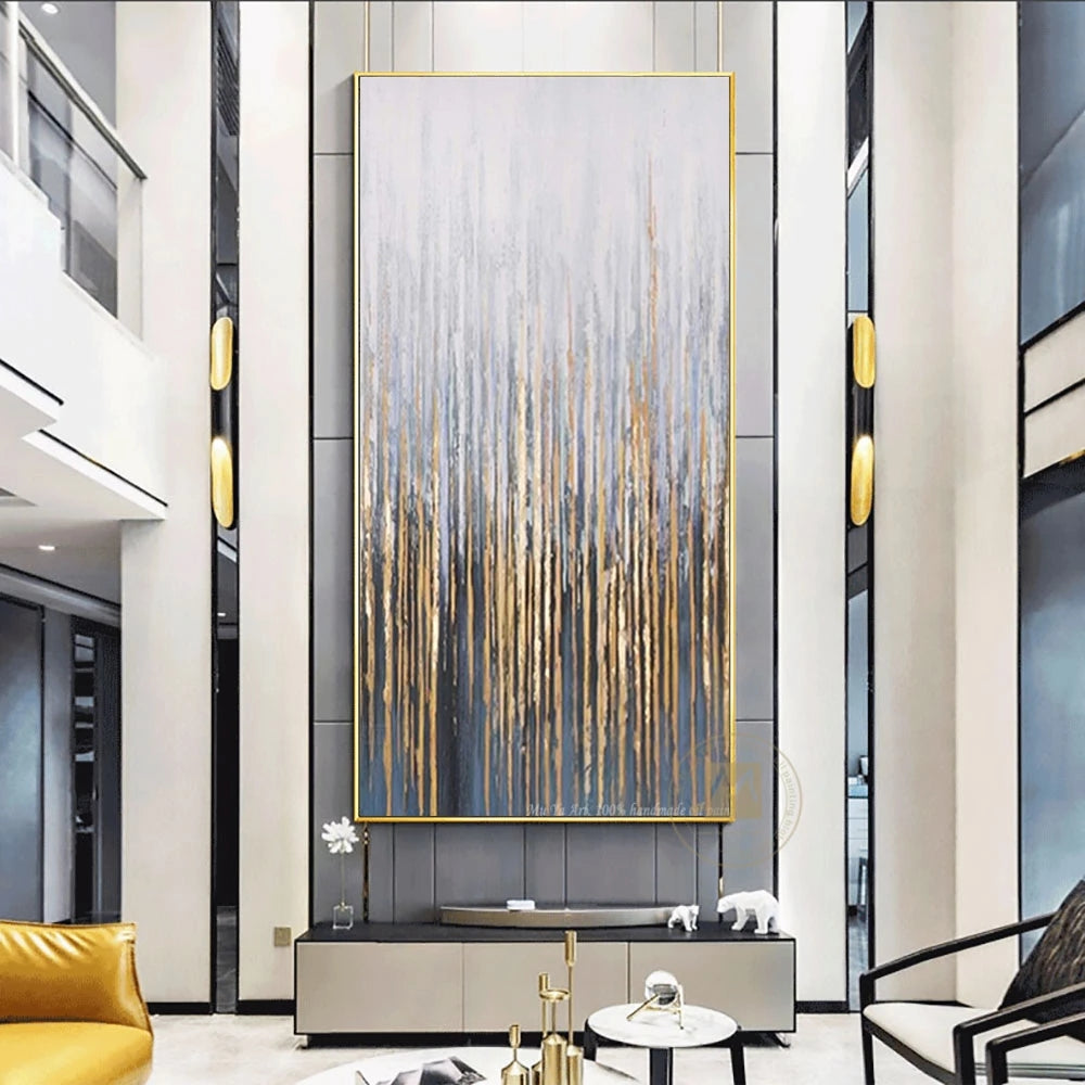 Modern interior with a large abstract painting on a wall, yellow sofa, and decorative items.
