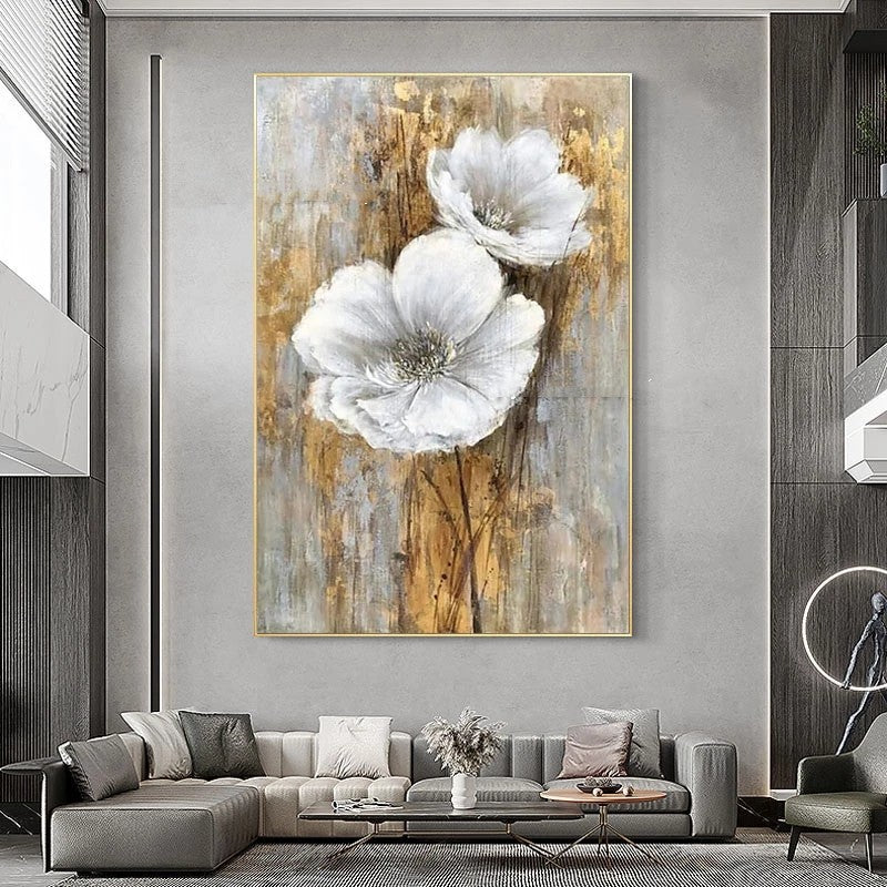 Abstract floral painting on a wall above a sofa in a modern living room.
