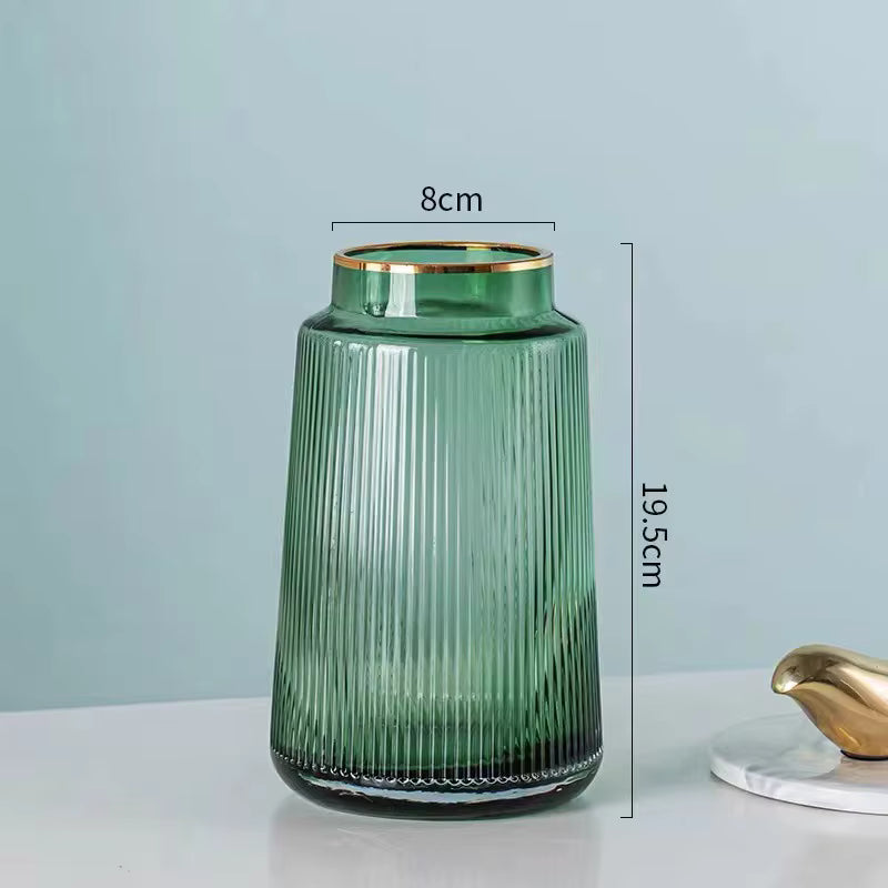 Green ribbed vase with dimensions on a light gray background