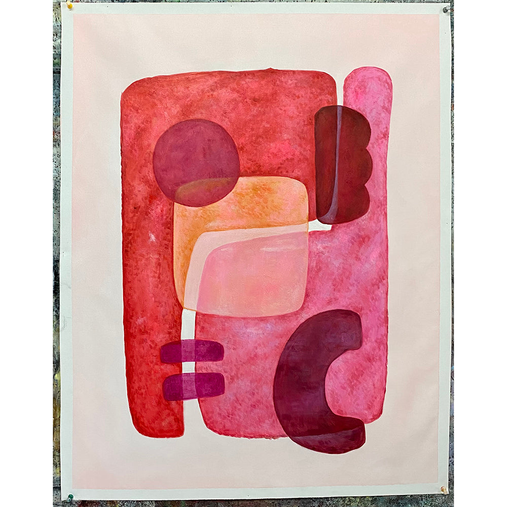 Abstract art piece with geometric shapes in pink and red on a beige background