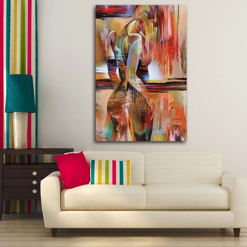 Modern living room with a white sofa, colorful pillows, and a large abstract painting on the wall.