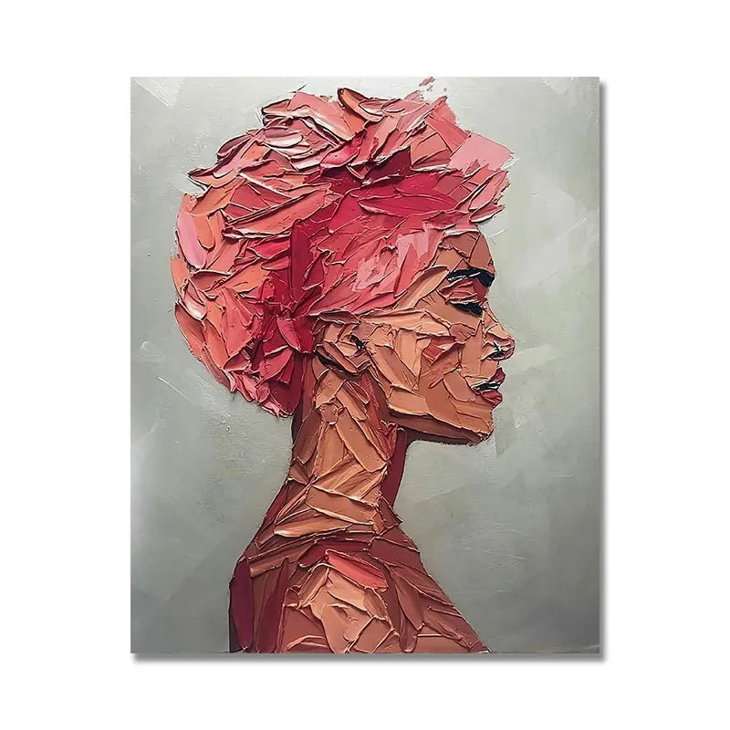 Abstract art of a woman's profile with red and orange tones on a gray background