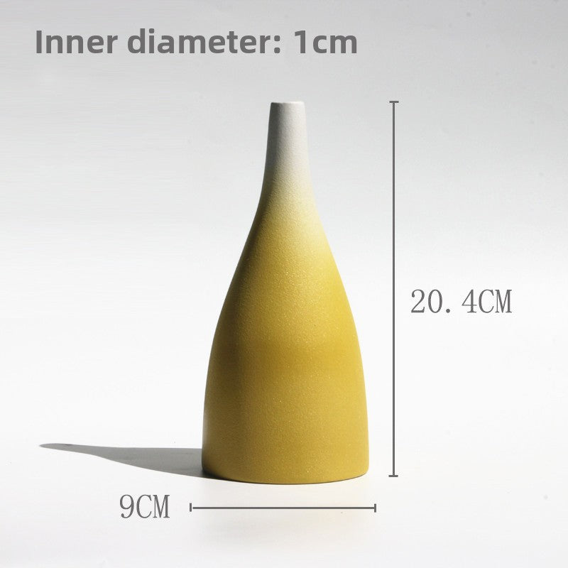 Yellow and white vase with measurements on a white background