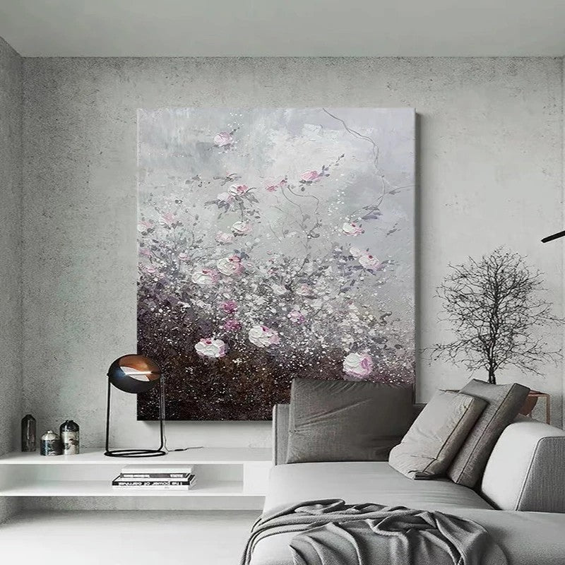 Modern bedroom with a large abstract painting on the wall