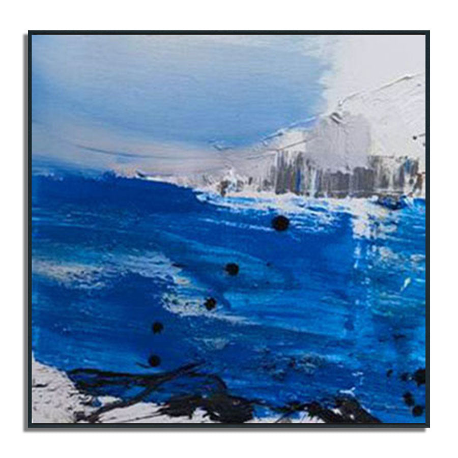 Abstract art piece with blue and black colors on a white background