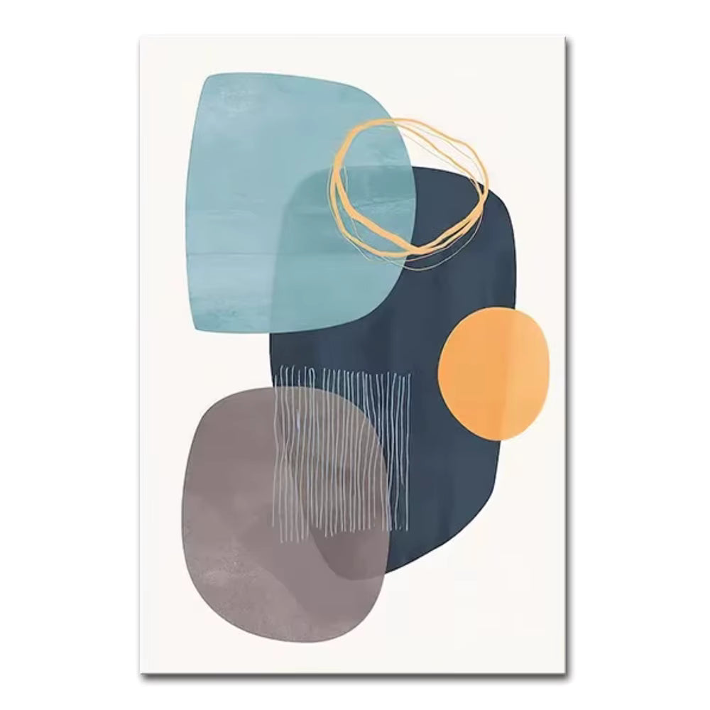 Abstract art print with geometric shapes in blue, orange, and gray on a white background