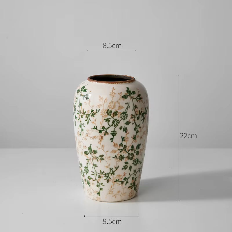Ceramic vase with floral patterns and measurements on a gray background