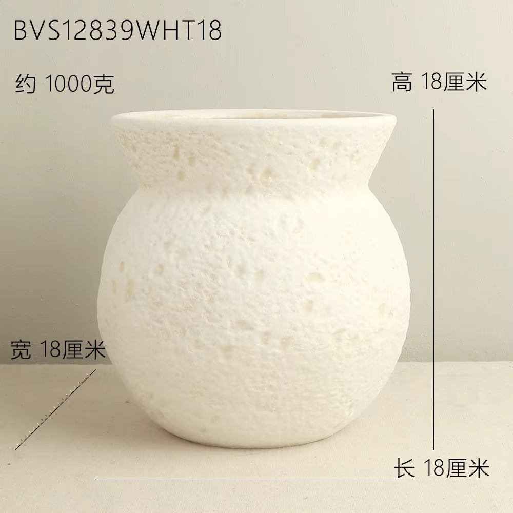 White textured vase with dimensions labeled on a light gray background