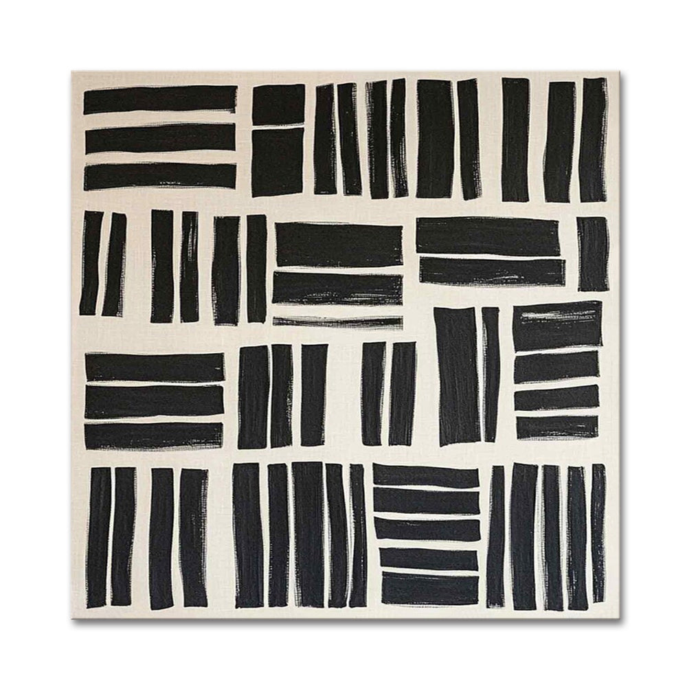 Abstract art piece with black rectangular brush strokes on a beige background