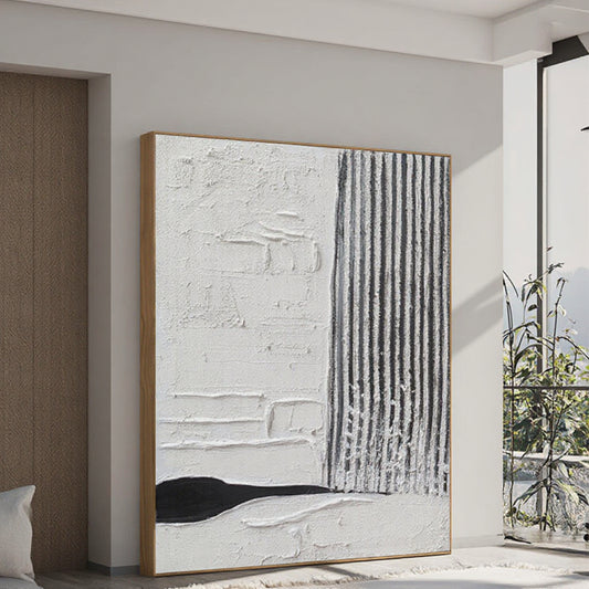 Abstract art piece in a modern interior setting with a neutral color palette.