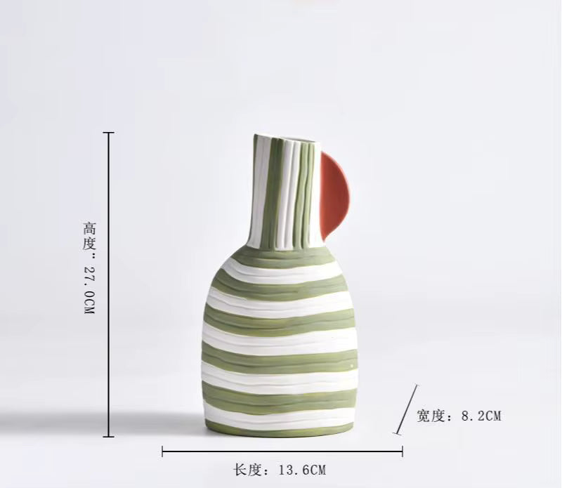 Striped ceramic vase with dimensions on a light gray background