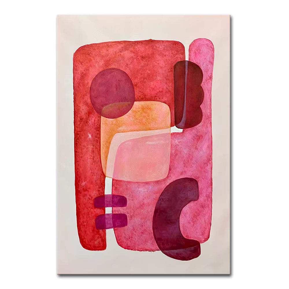 Abstract art piece with pink and red shapes on a beige background
