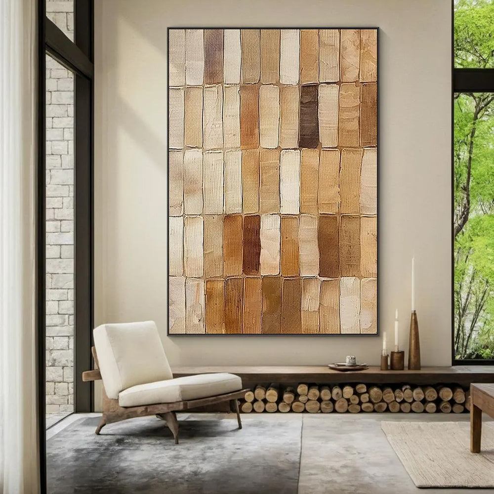Modern interior with a textured wall art piece in a living room setting.