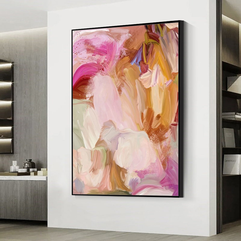 Abstract art painting with pink, orange, and white colors in a modern interior setting.