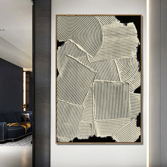 Abstract art piece with geometric patterns in a modern living room setting