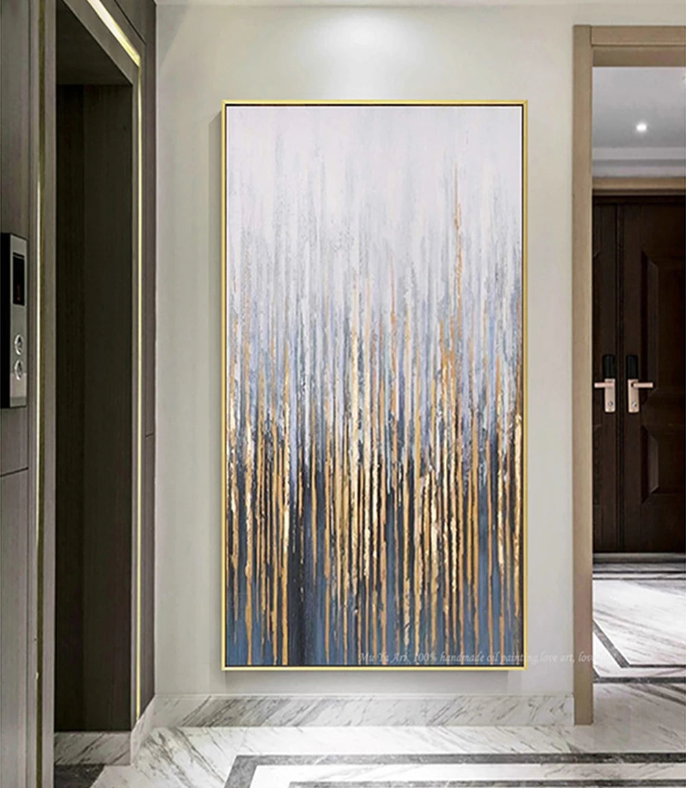 Abstract painting with vertical brush strokes in a modern interior setting