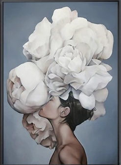 Artistic depiction of a person with an elaborate white floral headpiece against a gray background